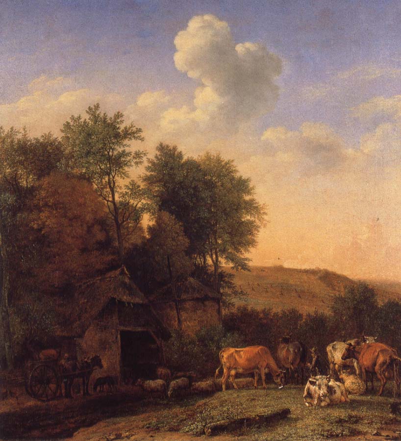 A Landscape with Cows,sheep and horses by a Barn